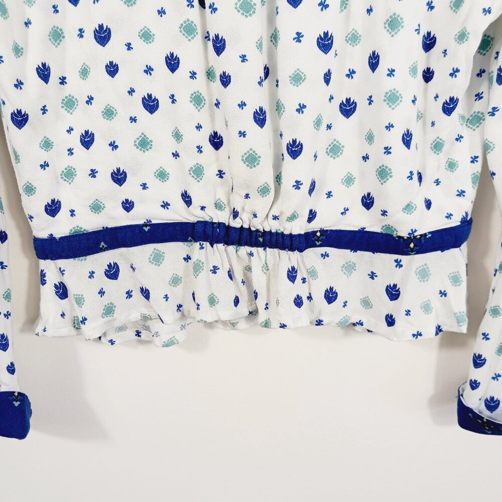 Free People Top, Size S, Wrap Front, Long Sleeve, White/Blue, Smocking, Boho - Picture 9 of 15